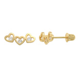 14K Solid Gold Cubic Zirconia Triple Hearts Baby Earrings