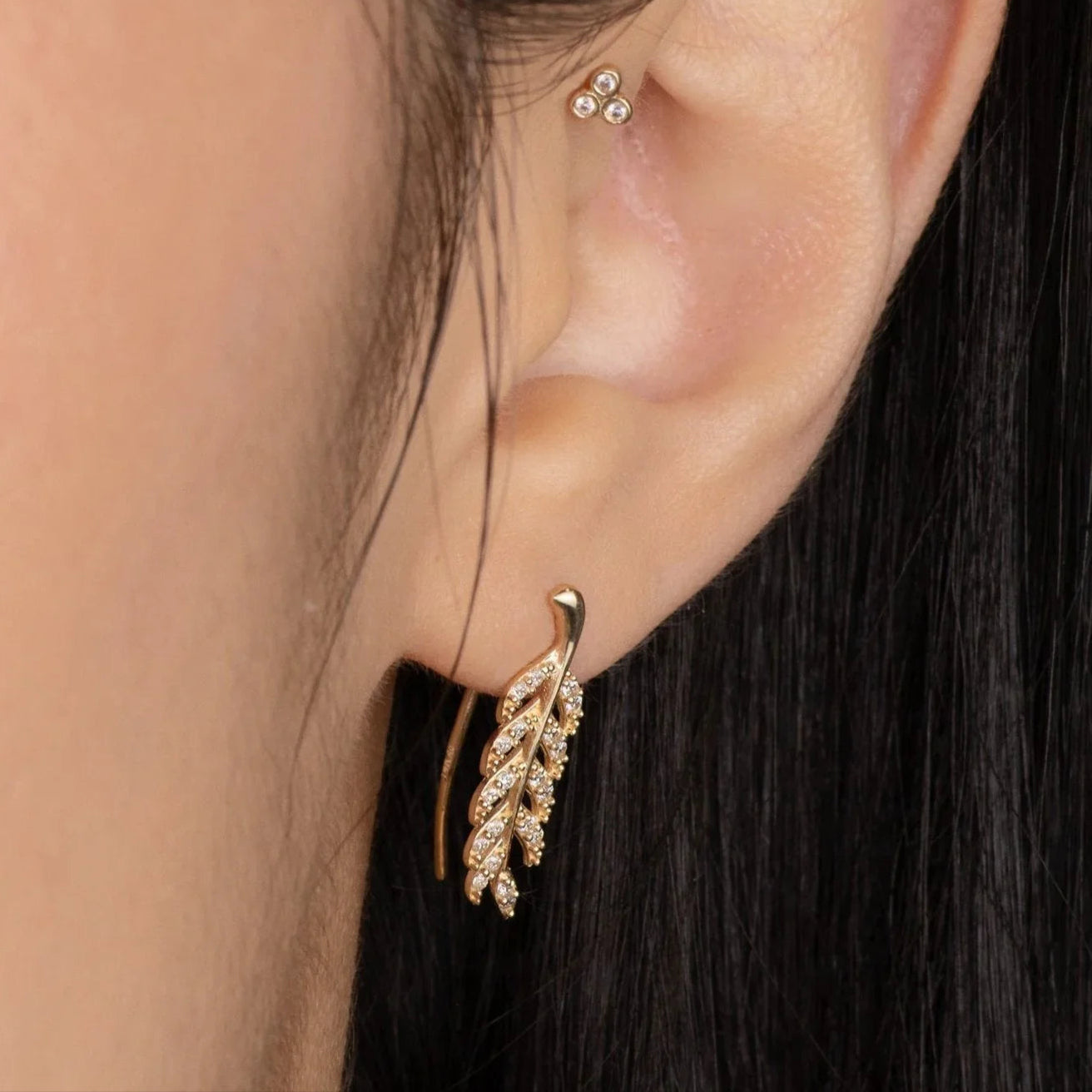 Olive Leaf Stone Climber Stud Earrings - Anygolds
