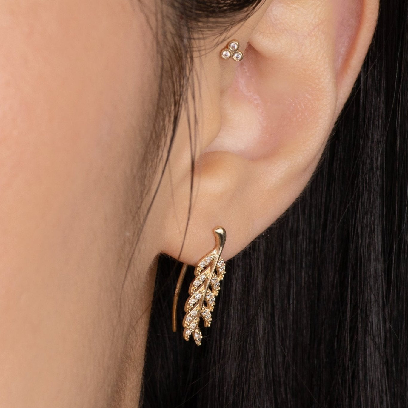 Olive Leaf Stone Climber Stud Earrings - Anygolds