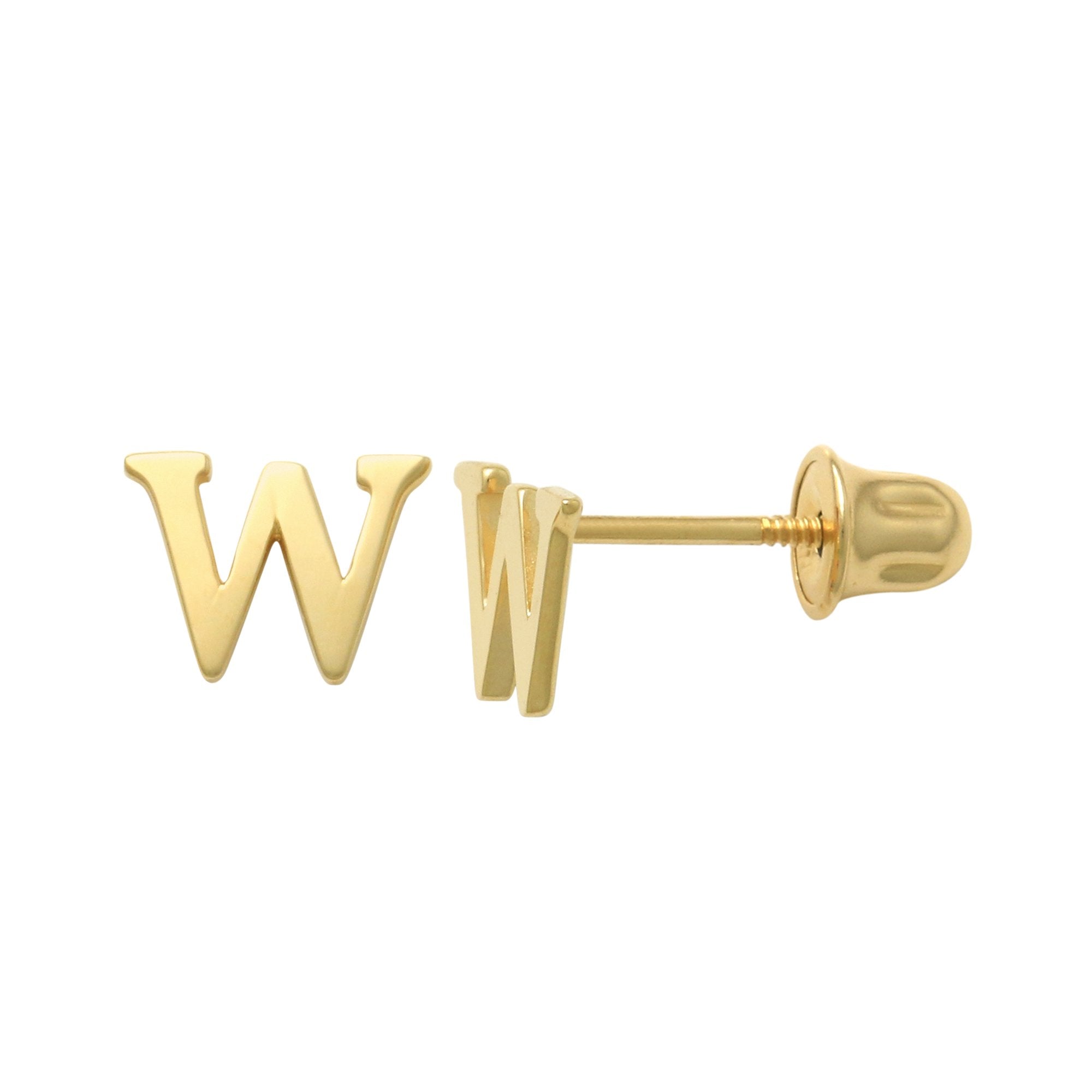 14k Solid Gold W Letter Baby Earrings
