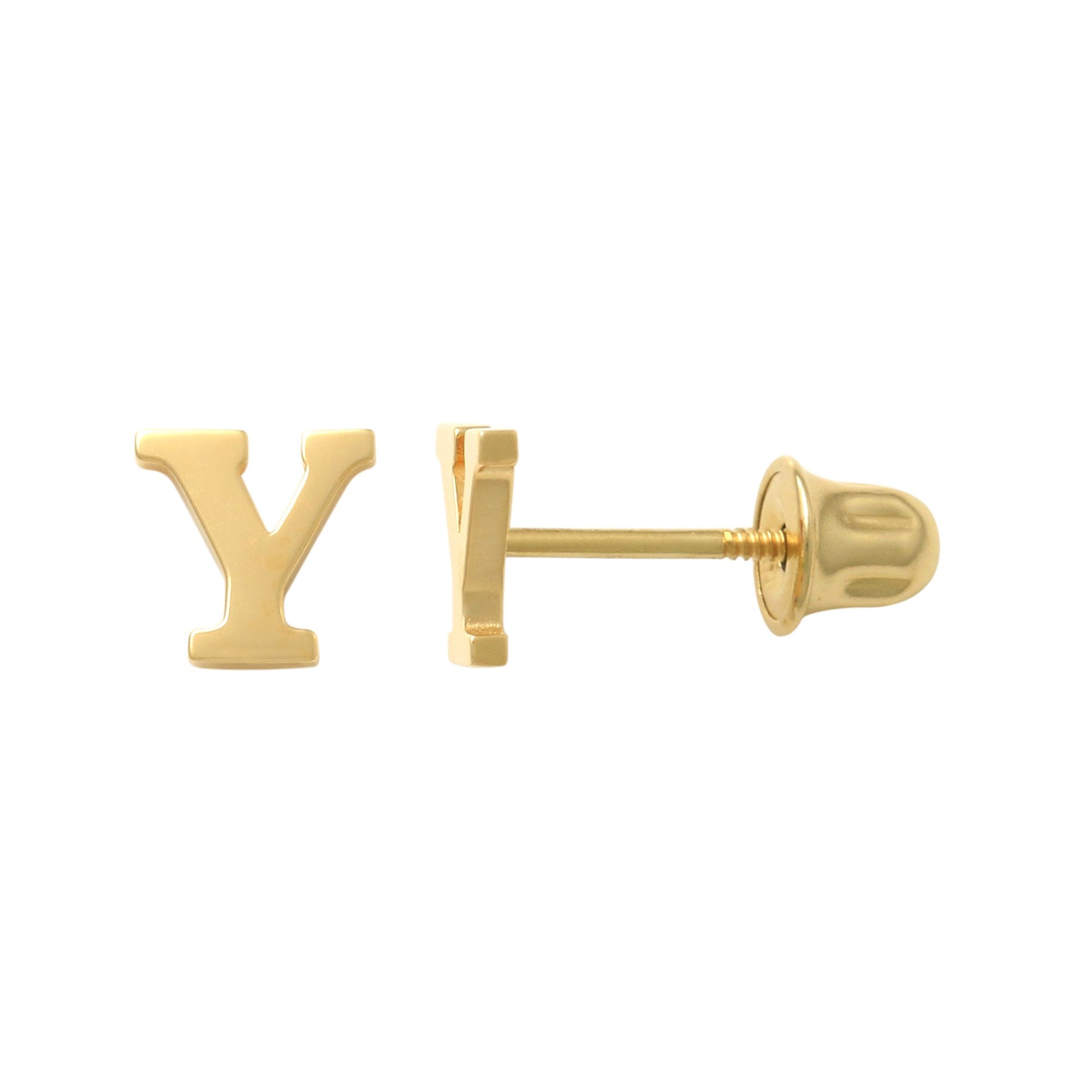 14k Solid Gold Y Letter Baby Earrings