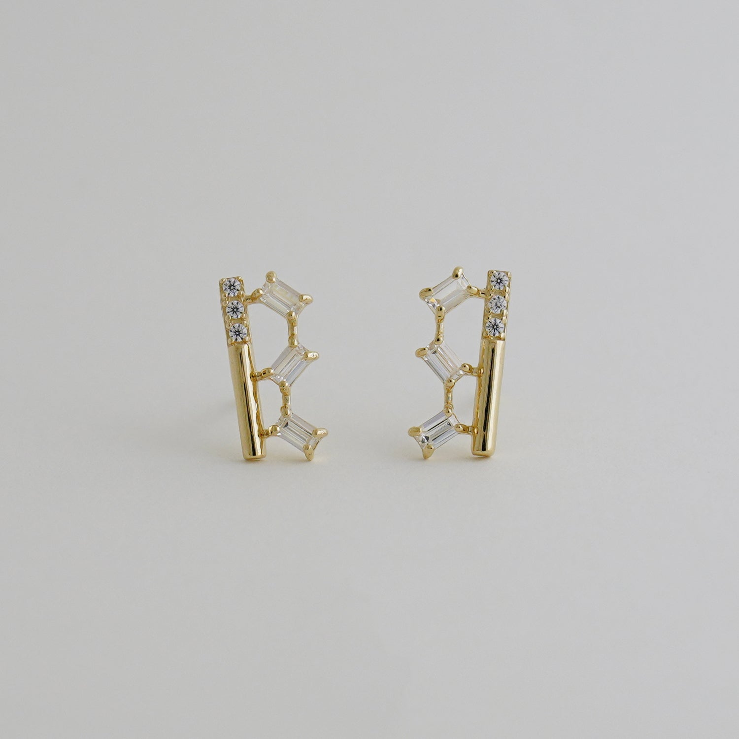 14K Solid Gold Straight Baguette CZ Stud Earrings