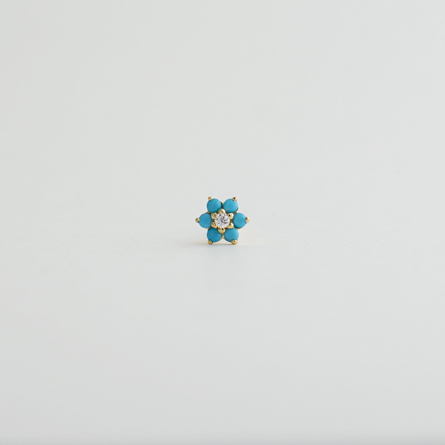 14K Solid Gold Turquoise Flower Nose Bone Straight Stud Piercing - Anygolds 