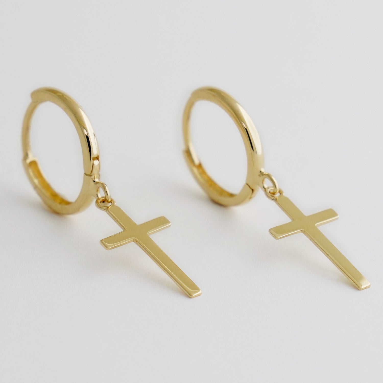 14K Solid Gold Plain Cross Drop Hoop Earrings - Anygolds 