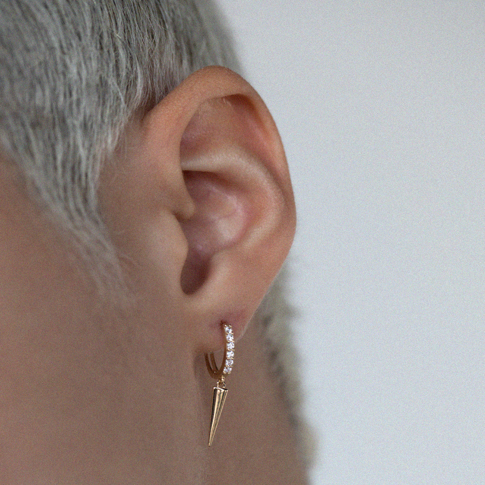 14K Solid Gold Cubic Zirconia Spike Drop Huge Earring