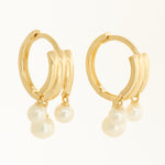 14K Solid Gold Triple Pearl Huggie Hoop Drop Earrings - Anygolds
