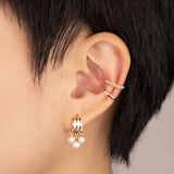 14K Solid Gold Triple Pearl Huggie Hoop Drop Earrings - Anygolds