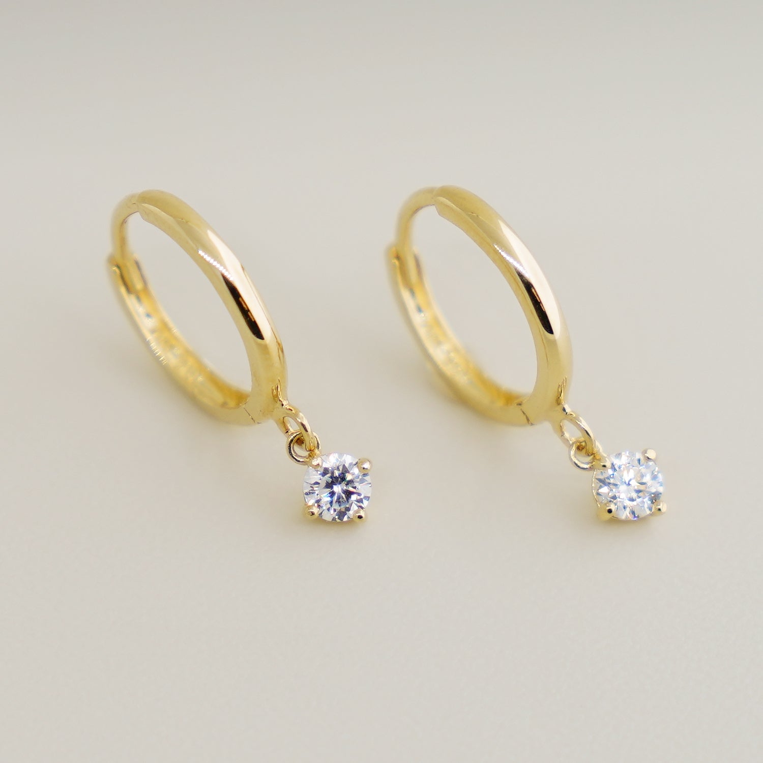 14K Solid Gold 3mm Round CZ Drop Earrings