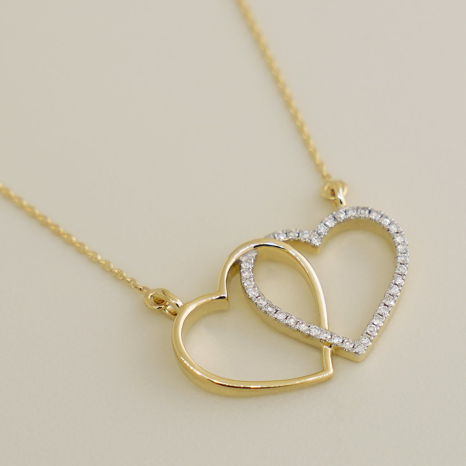 14K Solid Gold 0.10ctw Diamond Double Heart Necklace